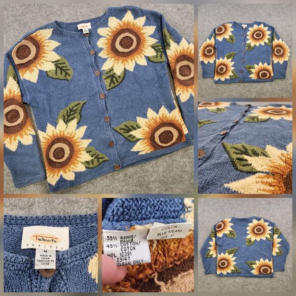 VTG Talbots Sweater Womens Medium Sunflower Floral Cardigan Knit Button Up - Picture 1 of 14